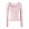 Camiseta de Encaje Cuadrada Dulce y Picante de Manga Larga, Nueva Moda de Otoño, Corte Ajustado, Estilo Corto, Top Básico Hot Girl