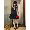 Vestido Japonês Estilo Academia Azul Escuro Xadrez Alça de Renda Conjunto Base Manga Longa Cinza com Laço Feminino