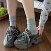 Meias Femininas de Algodão Puro Respiráveis e Resistentes a Odores para Primavera e Outono, Comprimento Médio da Panturrilha, Estilo Ballet, Meias Cinzas Largas para Combinar com Tênis de Pai, Estilo Básico