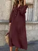 Vestido Novo Versátil de Meio Comprimento com Decote V e Manga Longa para Primavera e Outono, Saia de Algodão e Linho, Vestido Soltinho Plus Size Feminino que Esconde a Figura