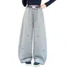 Calça pantalona xadrez patchwork para meninas, novo estilo outono, calça de moletom infantil folgada com bordado de laço, calça casual para crianças maiores
