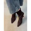 Botines elegantes de tacón alto con cremallera trasera para mujer, gamuza con hebilla, punta fina, botines cortos elegantes, estilo vintage con tacón delgado