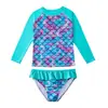 Conjunto de traje de baño de dos piezas para niñas, traje de baño de manga larga con diseño de escamas de pez, adecuado para niños mayores, traje de baño para protección solar en la playa con alta elasticidad Escamas de pez