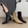 Botines elásticos de cuero ultradelgados para mujer, nuevo estilo otoño e invierno, punta cuadrada, tacón medio grueso, cierre de cremallera trasera, botines elásticos