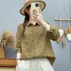 Camisa de algodão com gaze de camada dupla para mulheres, estampa floral artística vintage, macia, hipoalergênica, respirável, algodão puro, top de corte solto