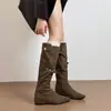 Botas altas de cuero suave para mujer, con 4 cm de altura interior, plisadas, adecuadas tanto para otoño como para invierno, botas retro de media pantorrilla, botas vaqueras western de punta.