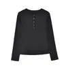 Camiseta de Manga Larga con Botones y Cuello Henley de Algodón Tencel para Mujer, Sencilla y Versátil, Corte Ajustado, Favorecedora, Top de Color Sólido