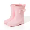 Novas galochas infantis para meninas, cor sólida simples, antiderrapantes, resistentes ao desgaste, com sola grossa, anti-sujeira, casuais e confortáveis, com decoração de laço