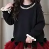 Conjunto de Suéter de Tricô para Meninas de Natal e Ano Novo Laço de Pérola Pom-pom Renda Outono Inverno Festival Conjunto Elegante de Duas Peças