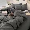 Nuevo Estilo Coreano Ins Color Puro Doble Cepillado Algodón Lavado Juego de Cuatro Piezas Ropa de Cama Funda Nórdica Ropa de Cama Colchón Dormitorio Estudiante
