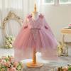 Vestido de Malla Transfronterizo para Niña con Flores 3D y Perlas, Vestido de Princesa para Actuación de Dama de Honor de Boda, Vestido de Primer Cumpleaños, Vestido de Noche con Cola Larga