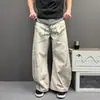 Calça Jeans Wide Leg Amarela Tingida com Lama Estilo Vintage Americano para Homens com Cintura Patchwork, Zíper, Caimento Solto, Comprimento no Chão e Barra Curva