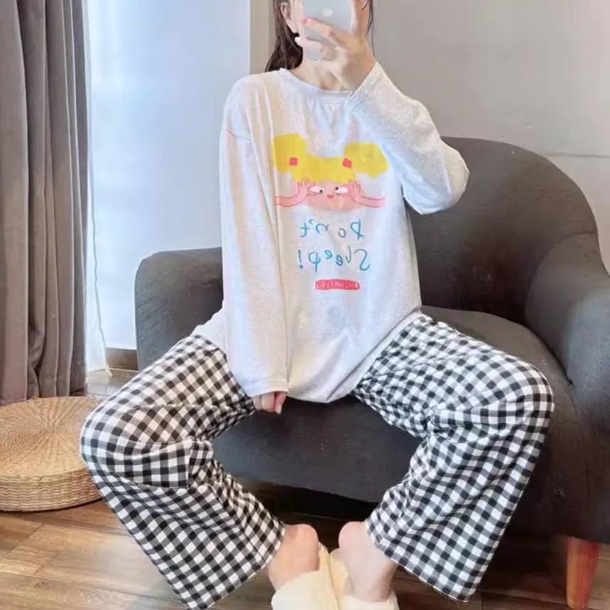 灰色蓝字母女孩格子裤双长
