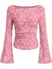 2026 Europeu e Americano Transfronteiriço Gola Barco Jacquard Slim Fit Feminino Manga Longa Flare Camisa de Malha Floral