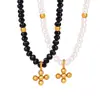 Collar Cruz de Perlas Blancas de Imitación con Piedras de Vidrio Negras Elegantes de Personalidad Francesa Cadena Elegante de Clavícula de Nicho