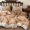 Conjunto de roupa de cama de gaze de dupla camada com renda francesa, mistura de linho e algodão espessado para outono e inverno, com fronha estilo retrô adequada para todas as estações.