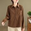 Foto Real de Estilo Casual Retrô Artístico Design Coreano Botão Veludo Cotelê Pregueado Cor Sólida Camisa de Manga Comprida para Mulheres