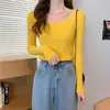 Camiseta base de cuello cuadrado para mujer, nuevo estilo otoño e invierno 2026, corte ajustado, forro polar, top suéter de punto de cuello bajo