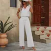 Conjunto Casual Feminino de Verão 2026 Americano Transfronteiriço Amazon Cor Sólida Sem Mangas Gola V Solto + Calça de Cintura com Cordão Wide-Leg