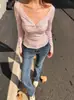 Camiseta de Manga Larga Rayada con Bloques de Color y Cuello en V Estilo Americano Picante para Mujer, Nuevo Diseño de Otoño con Nudo Retorcido, Camiseta Básica, Top que Ceñe la Cintura
