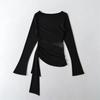 Camiseta Elegante de Color Sólido con Hombro Oblicuo y Mangas Largas para Mujer Estilo Europeo y Americano Costura de Encaje en la Cintura Lateral Transparente Sexy Top Asimétrico