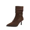 Botas Stiletto Novas Outono e Inverno 2025 para Mulheres Pretas Super Quentes Botas Plissadas Salto Alto Botas de Cavaleiro com Forro de Lã