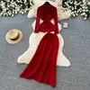 Conjunto de tricô vermelho de comércio exterior para mulheres, look de outono, top com gravata borboleta, saia sereia de cintura alta, conjunto de duas peças, estilo de alta qualidade