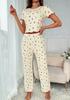 Pijama Estilo Europeo y Americano Transfronterizo Shein Estampado de Cerezas Parte Delantera Fruncida Botones Manga Corta Pantalón Largo Conjunto Ropa de Casa para Mujer