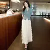 Nuevo Top de Mezclilla con Falda de Malla Estilo Pastel para Mujer, con Cuello Polo y Diseño de Manga Abullonada, Vestido Largo Adelgazante de Dos Piezas