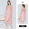 Rosa Seda Liso Cetim Renda Patchwork Decote Profundo Push-up Acolchoado Tentador Transparente Camisola Conjunto para Casa W2805