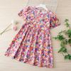 Vestido Novo Estilo para Meninas, Vestido de Verão Infantil de Manga Curta, Vestido Estampado Moderno com Manga Bufante, 3-12 Anos, Material de Algodão