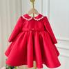 Vestido Tesouro Feminino de Um Ano Novo Gola Boneca Flor Vermelha Menina Vestido Vermelho Pequeno Manga Longa Feminino Cetim Aniversário Vestido Princesa