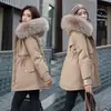Jaqueta parka feminina, uso triplo, casaco de comprimento médio com pelo sintético de coelho, estilo coreano, forro interno removível, gola grande de pelo, casaco de algodão de alta qualidade