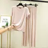 Nuevo conjunto de pijama de dos piezas para mujer de algodón modal de manga corta para primavera y verano, pantalones anchos casuales holgados, talla grande para casa