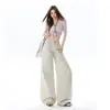 Jeans Casuais Lavados Novos Primavera/Verão 2026 para Mulheres, Calças Casuais Americanas de Cintura Baixa com Pregas, Perna Larga, Soltas, Emagrecedoras