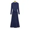 8754-26 Luz de Outono Elegante Madura Estilo Irmã Vestido Cruzado com Decote em V Temperamento Temperamento Emagrecedor Valorizador Vestido de Manga Longa