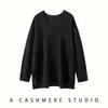 Suéter de tricô feminino fino, finamente trabalhado, de comprimento médio, com fenda lateral, caimento solto, gola V de cashmere, top emagrecedor