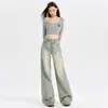 Calça Jeans Wide Leg de Cintura Alta Cor Clara para Mulheres, Novo Estilo Verão 2026, Versão Reta Solta Estreita, Calça Longa Fluida Petite