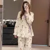 Pijama Jardín Monet para Mujer Estilo Nuevo Primavera y Otoño Manga Larga Ropa de Casa Estilo Chino Flor de Cerezo Tacto de Alta Gama Conjunto de Ropa de Casa con Lazos