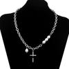 Collar de Cruz Curva de Acero Inoxidable, Collar de Perlas Asimétrico, Cadena para Suéter Unisex, En Stock