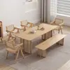 Conjunto de Mesa de Jantar e Cadeiras em Madeira Maciça e Rattan Tecido Mesa de Jantar Simples para Casa Restaurante Mesa de Centro Retangular e Cadeiras Estilo Wabi-Sabi Pousada
