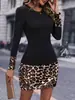 2025 Nuevo Vestido Camiseta Casual de Mujer para Otoño e Invierno, Estilo Europeo y Americano, Empalmado, Cuello Redondo, Delgado, Manga Larga, Estampado