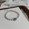 Pulsera de perlas Shijia ovaladas en forma de gota con tesoro azul marino de plata S925, elegante pulsera de perlas rectangulares con incrustaciones de diamantes de Cyber Celebrity