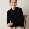 Suéter 100% cachemira pura para mujer, top versátil de punto liso, color liso, cuello polo, jersey, cálido suéter de manga larga
