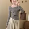 Top feminino doce e elegante de um ombro só, com efeito de duas peças, nova versão coreana de outono, suéter de malha versátil de caimento justo em azul