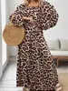 Comercio exterior transfronterizo europeo y americano talla grande otoño 2026 nuevo elegante vestido de longitud media con cuello redondo y estampado de leopardo