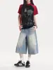 Calça jeans cropped feminina com estampa de estrelas estilo retrô americano, novo estilo de verão, calça solta de 7/8, shorts largos rasgados