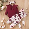Conjunto de 3 Peças Feminino Primavera e Outono 2022 Novidade Coreana Explosivo Cor Sólida Manga Longa + Calça Jardineira Estampada Flor
