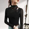 Malha manga longa cor sólida manga curta justa estilo coreano pulôver gola redonda justa preto roupa feminina