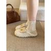Zapatos Planos Redondos Lindos de Piel Estilo Coreano Versátiles Pequeños Fragantes con Punta Redonda Zapatos de Algodón con Felpa de una Pierna para Mujeres para Usar Zapatos de Piel